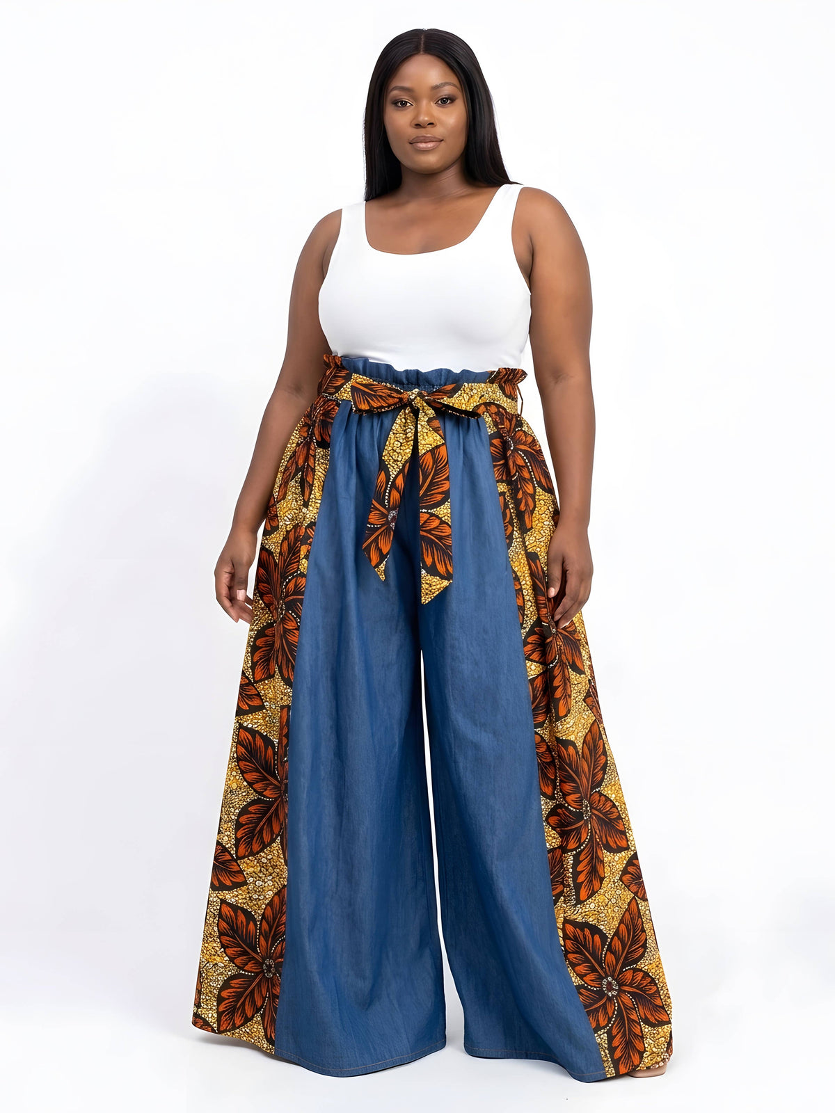 Ankara Denim Wide Palazzo Pants | One Size