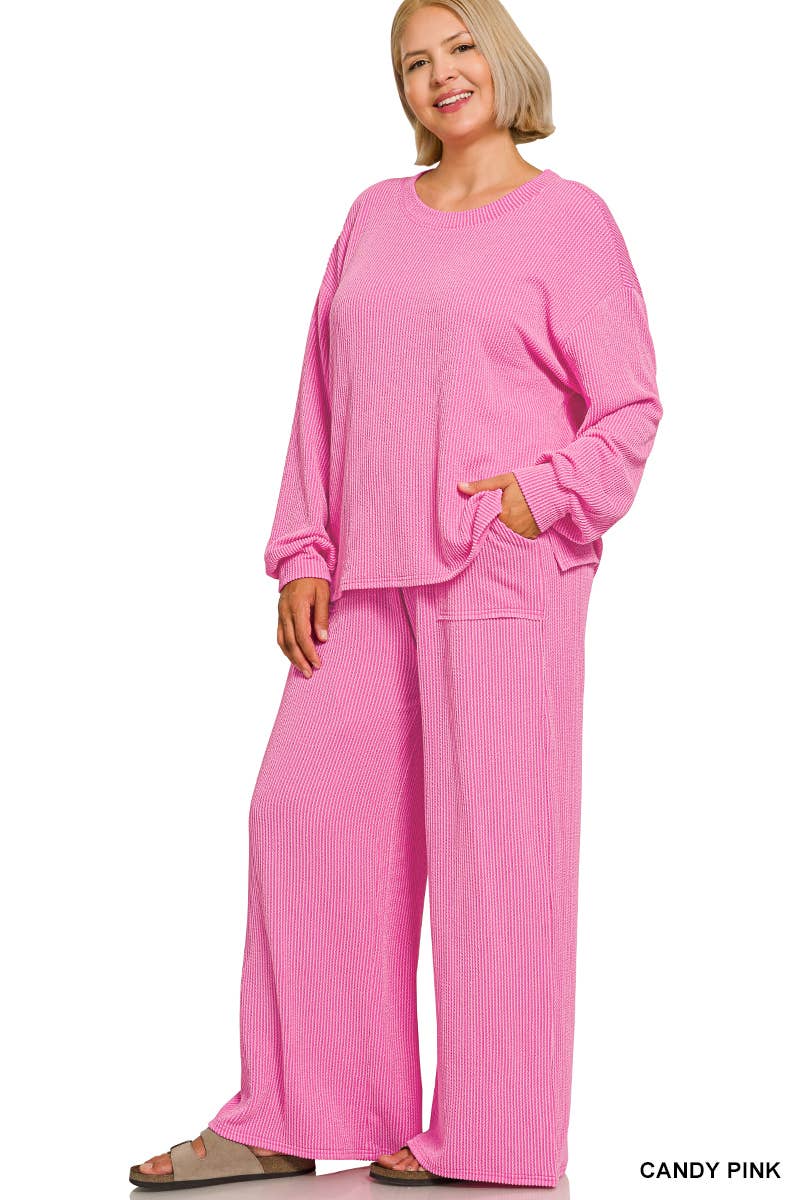 Plus Raised Rib Round Neck Pullover & Pants 2PC Set
