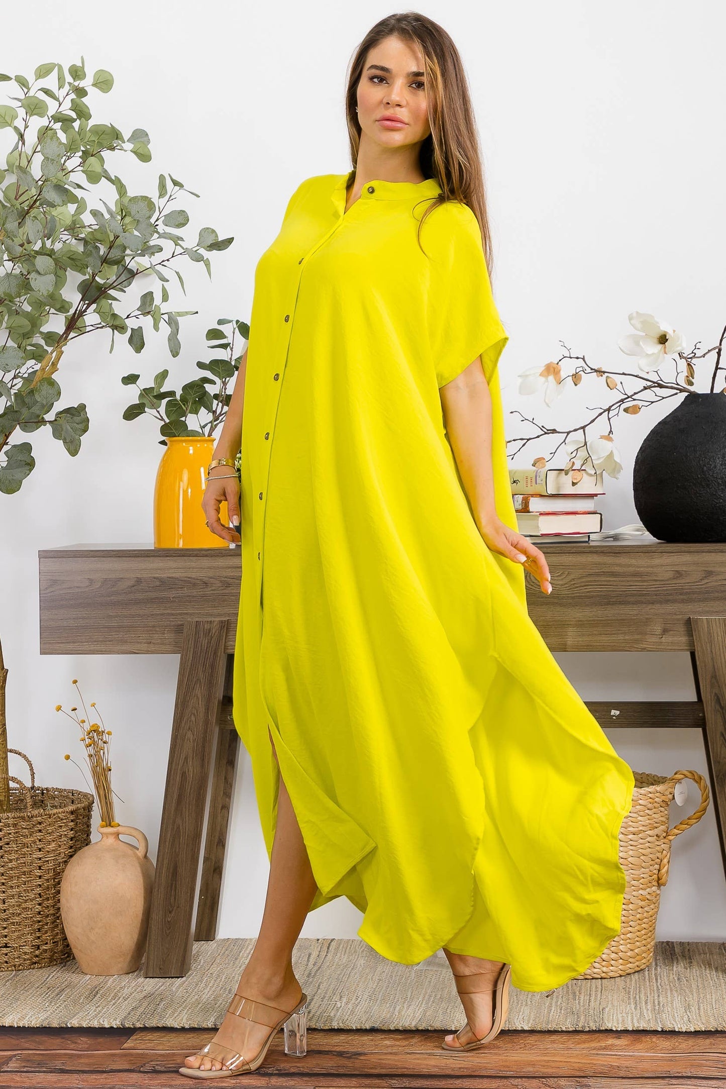 S25653-X Plus Size Relaxed Button Front Oversized Maxi Dress