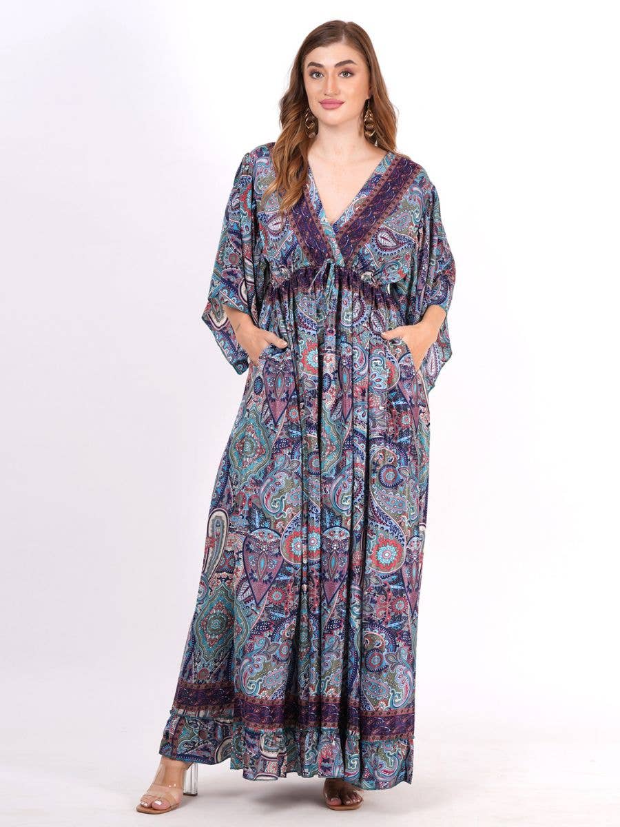 Women's Casual 3/4 Sleeves V-Neck Floral Maxi Tie up Dress