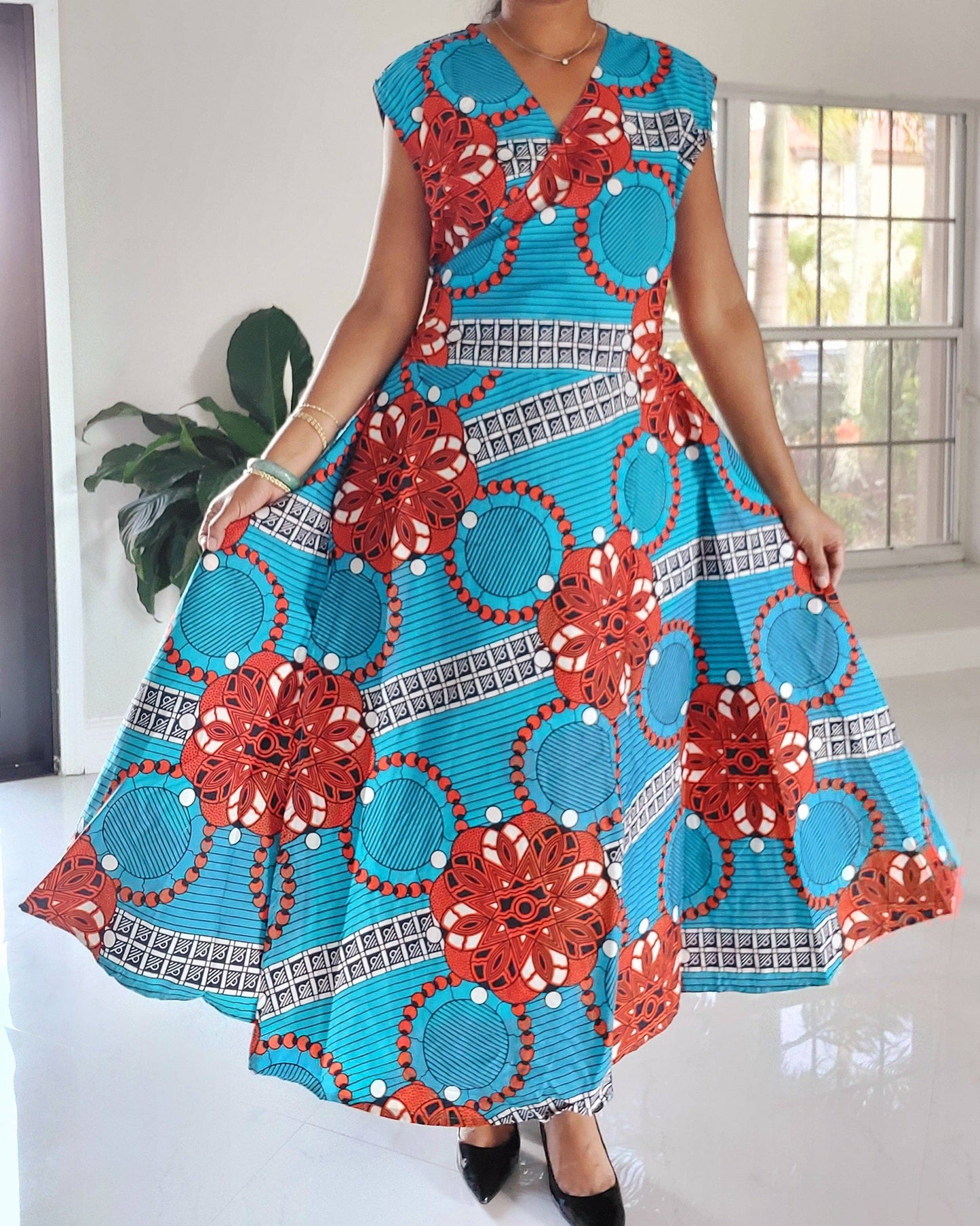 Color me Turqouise  Women Long Printed  Sleeveless Wrap Dress