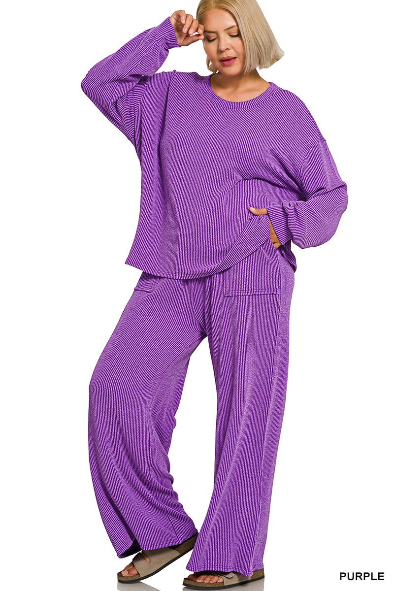 Plus Raised Rib Round Neck Pullover & Pants 2PC Set
