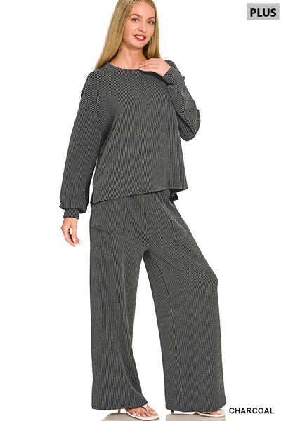 Plus Raised Rib Round Neck Pullover & Pants 2PC Set