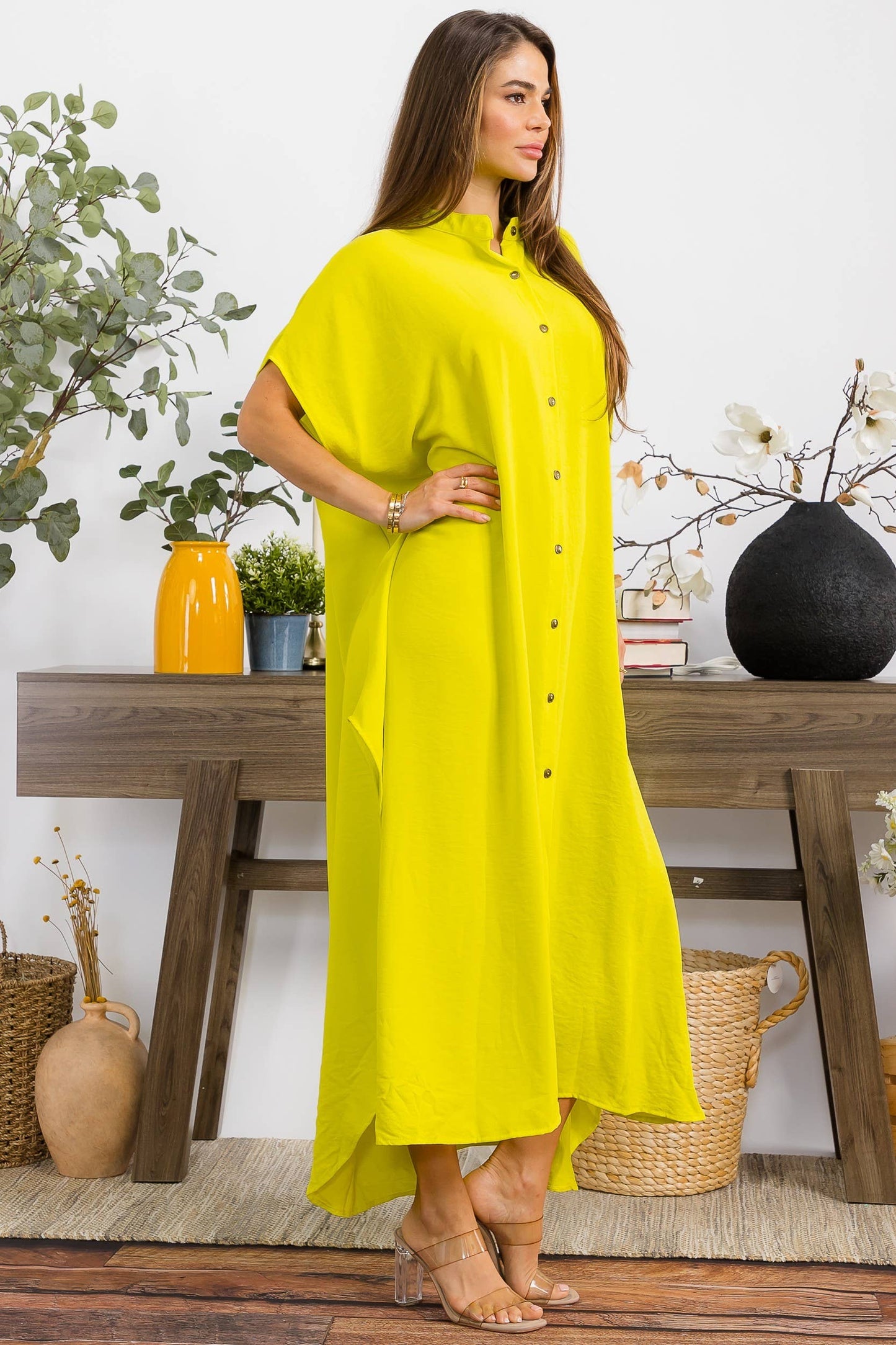 S25653-X Plus Size Relaxed Button Front Oversized Maxi Dress