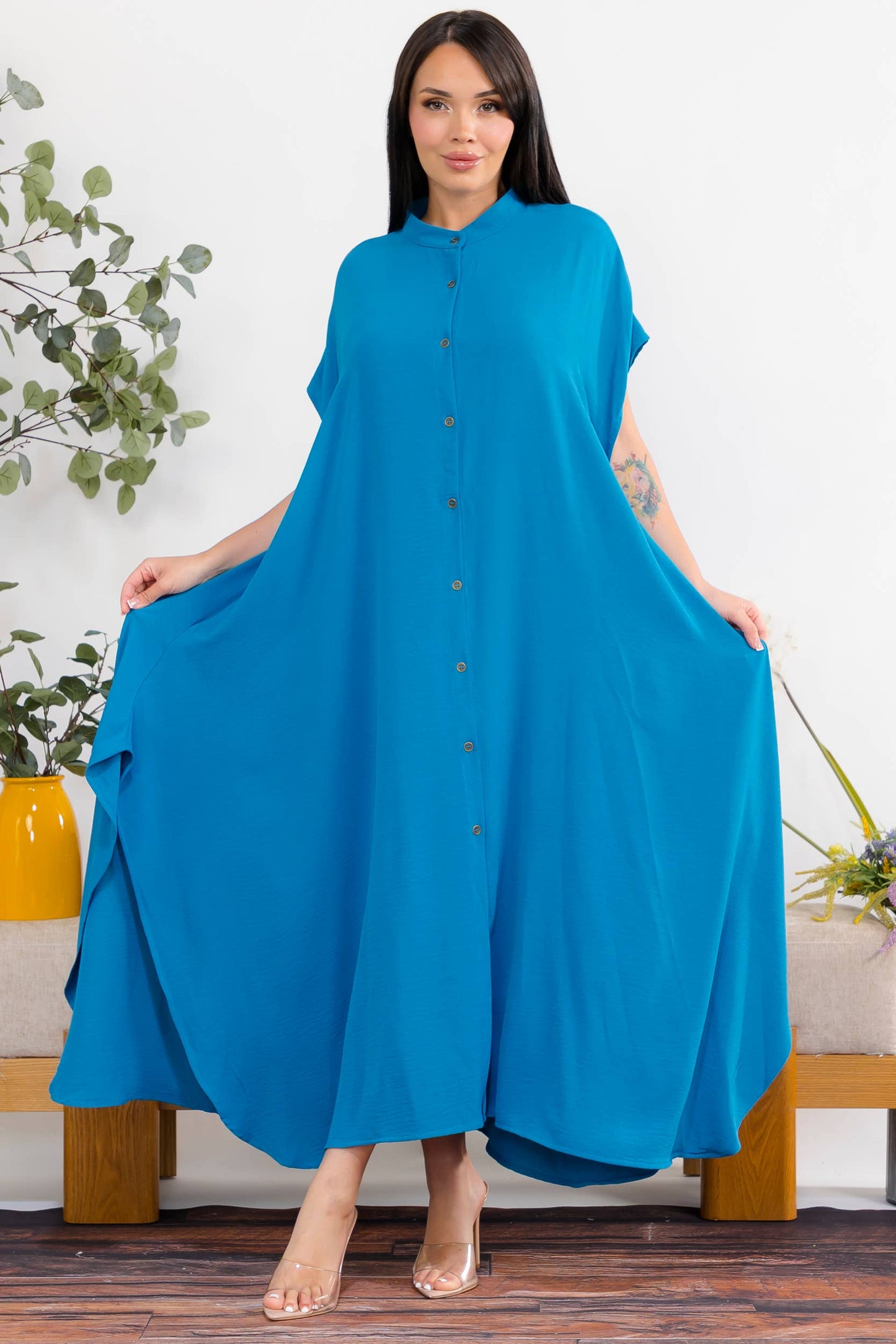 S25653-X Plus Size Relaxed Button Front Oversized Maxi Dress