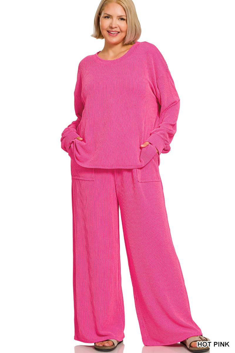 Plus Raised Rib Round Neck Pullover & Pants 2PC Set