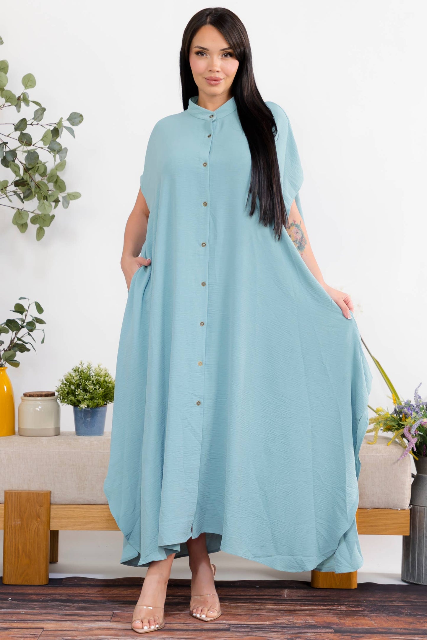 S25653-X Plus Size Relaxed Button Front Oversized Maxi Dress