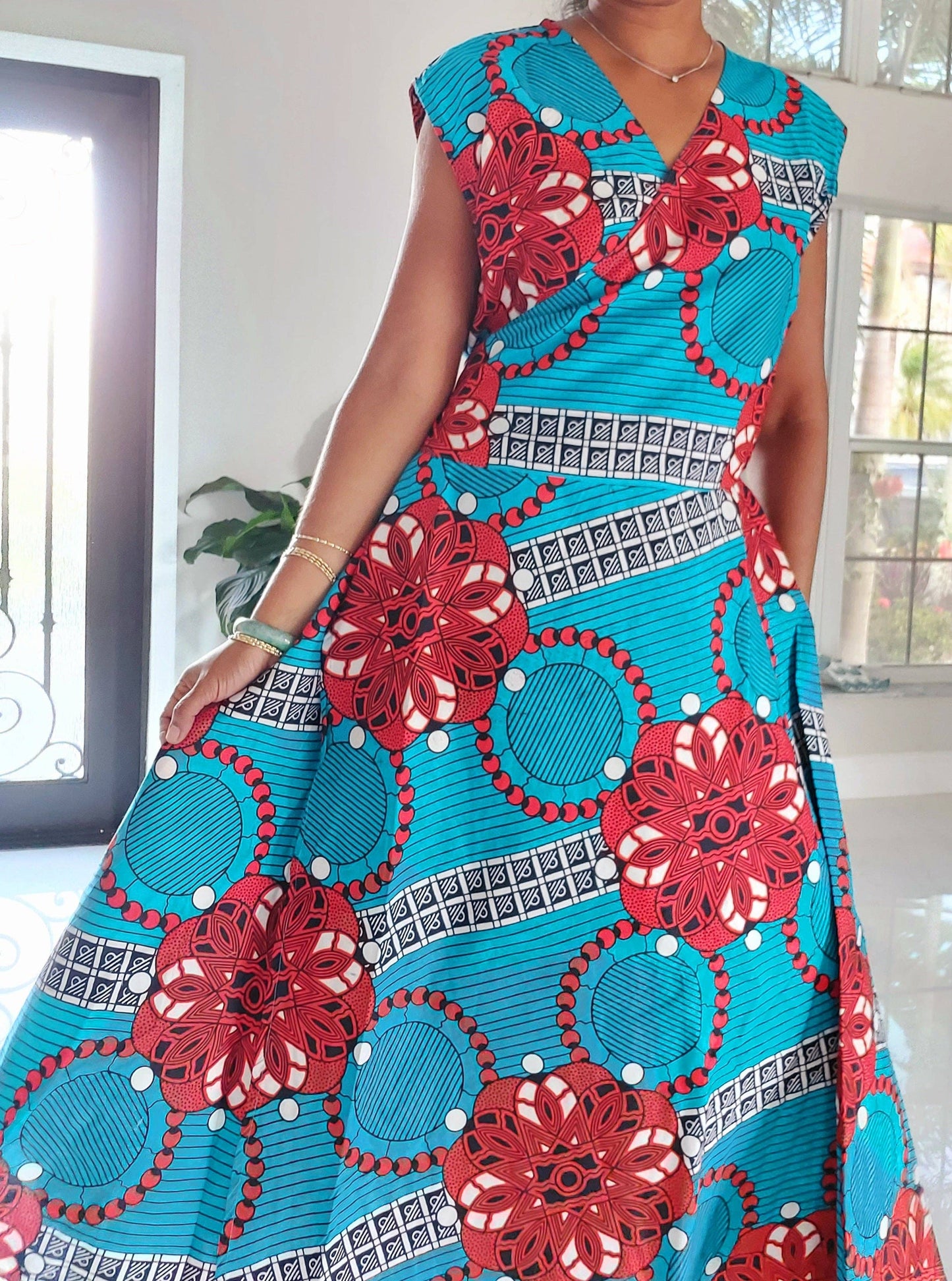 Color me Turqouise  Women Long Printed  Sleeveless Wrap Dress