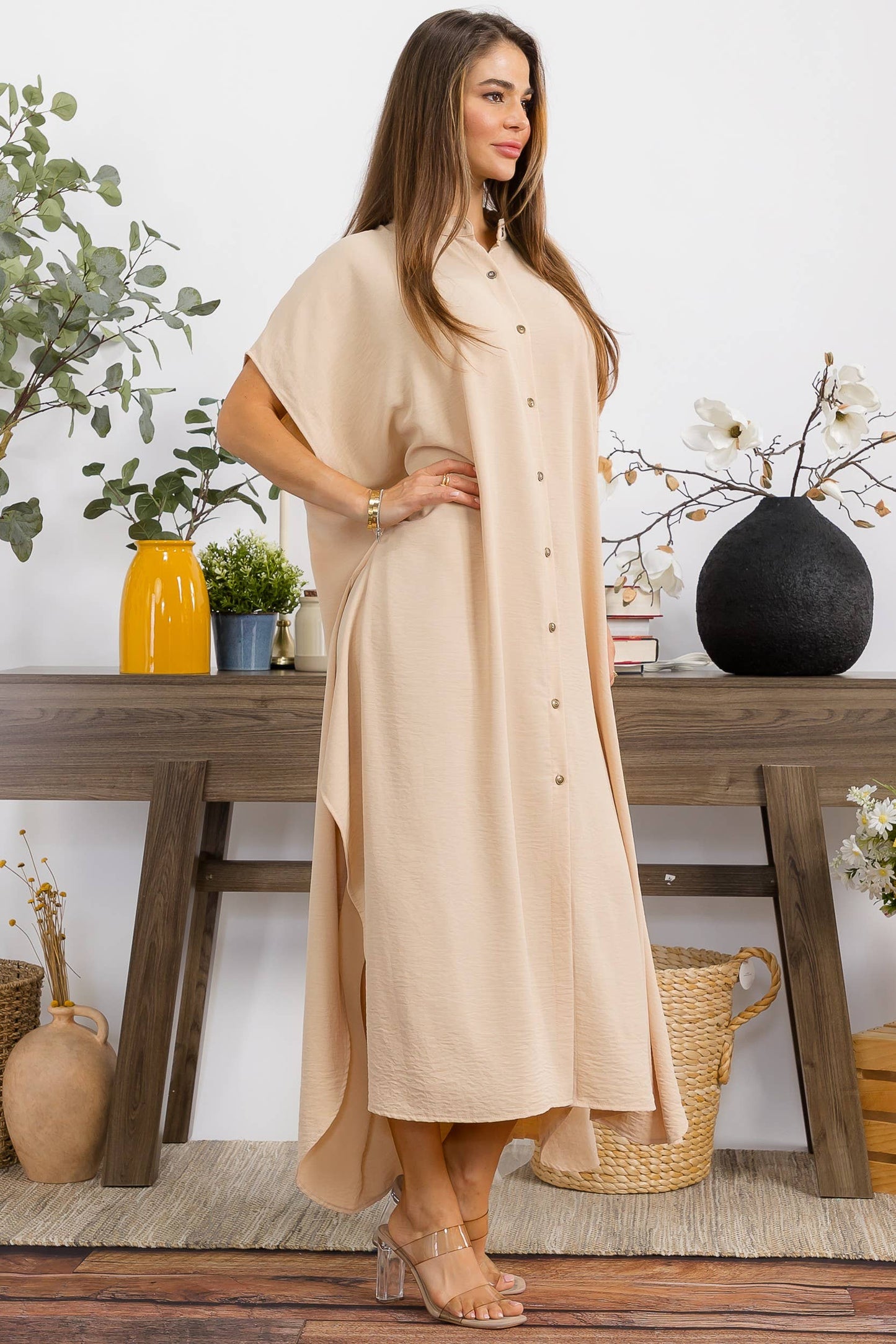 S25653-X Plus Size Relaxed Button Front Oversized Maxi Dress