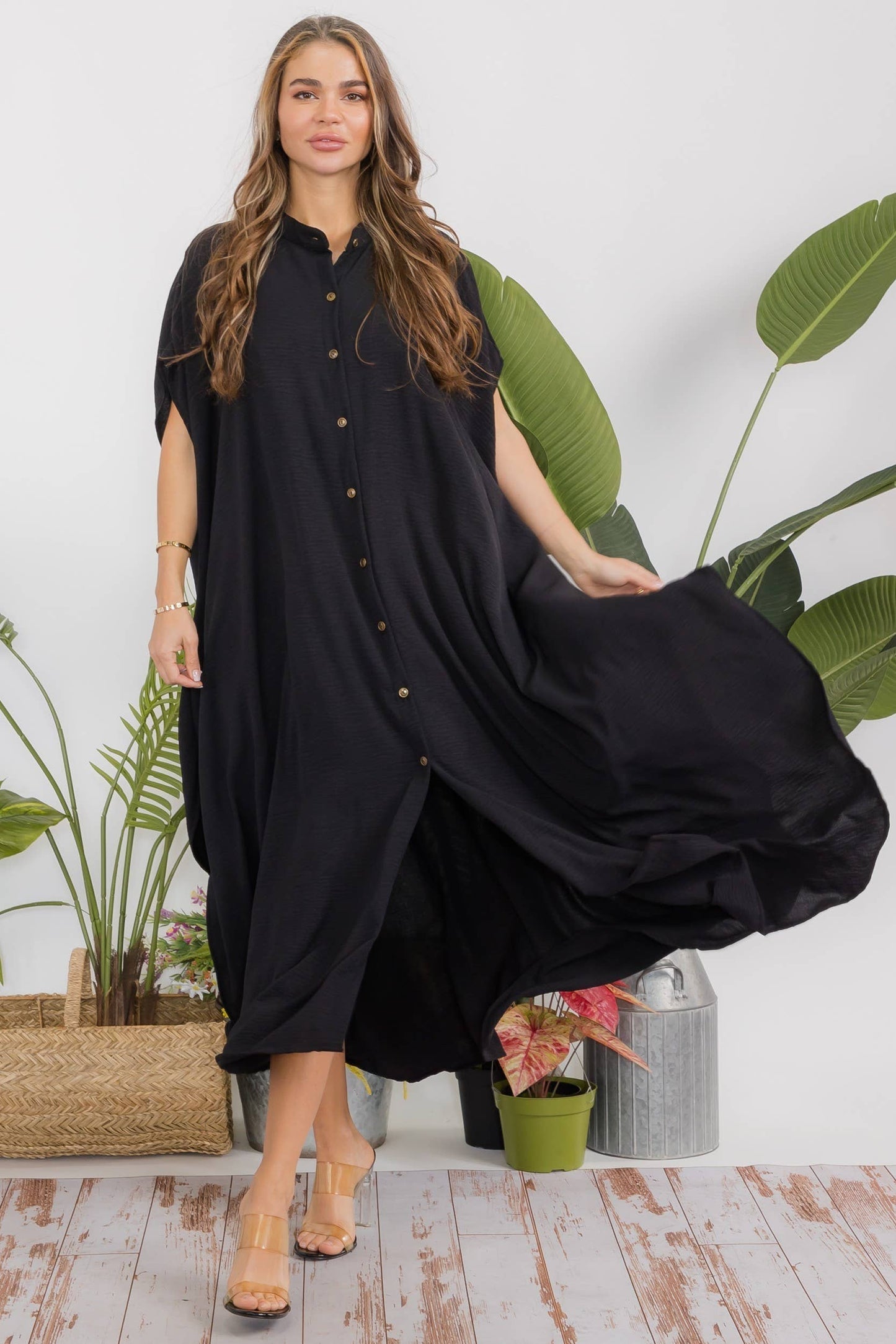 S25653-X Plus Size Relaxed Button Front Oversized Maxi Dress