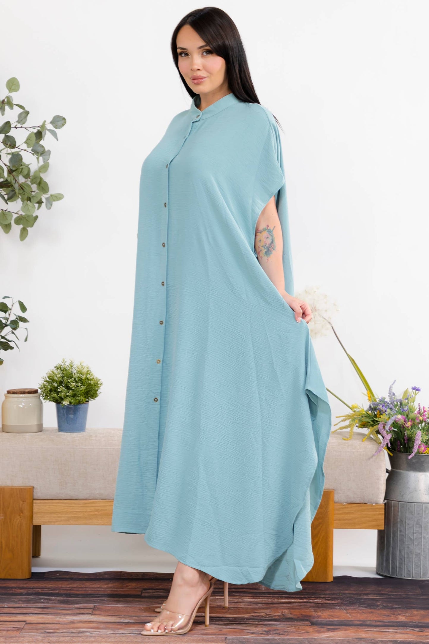 S25653-X Plus Size Relaxed Button Front Oversized Maxi Dress