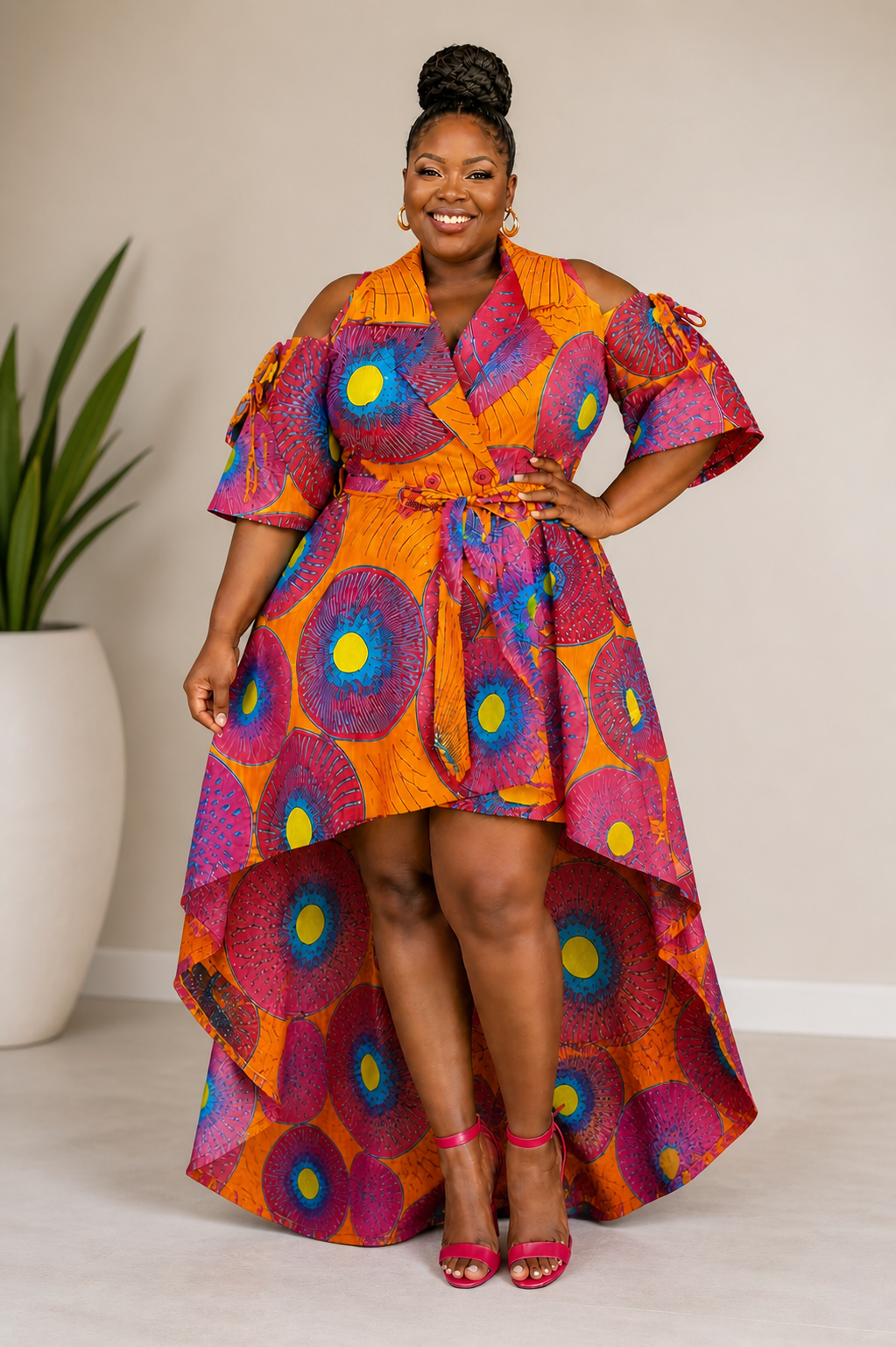 Look High-Low Cold Shoulder Ankara Dress 107F