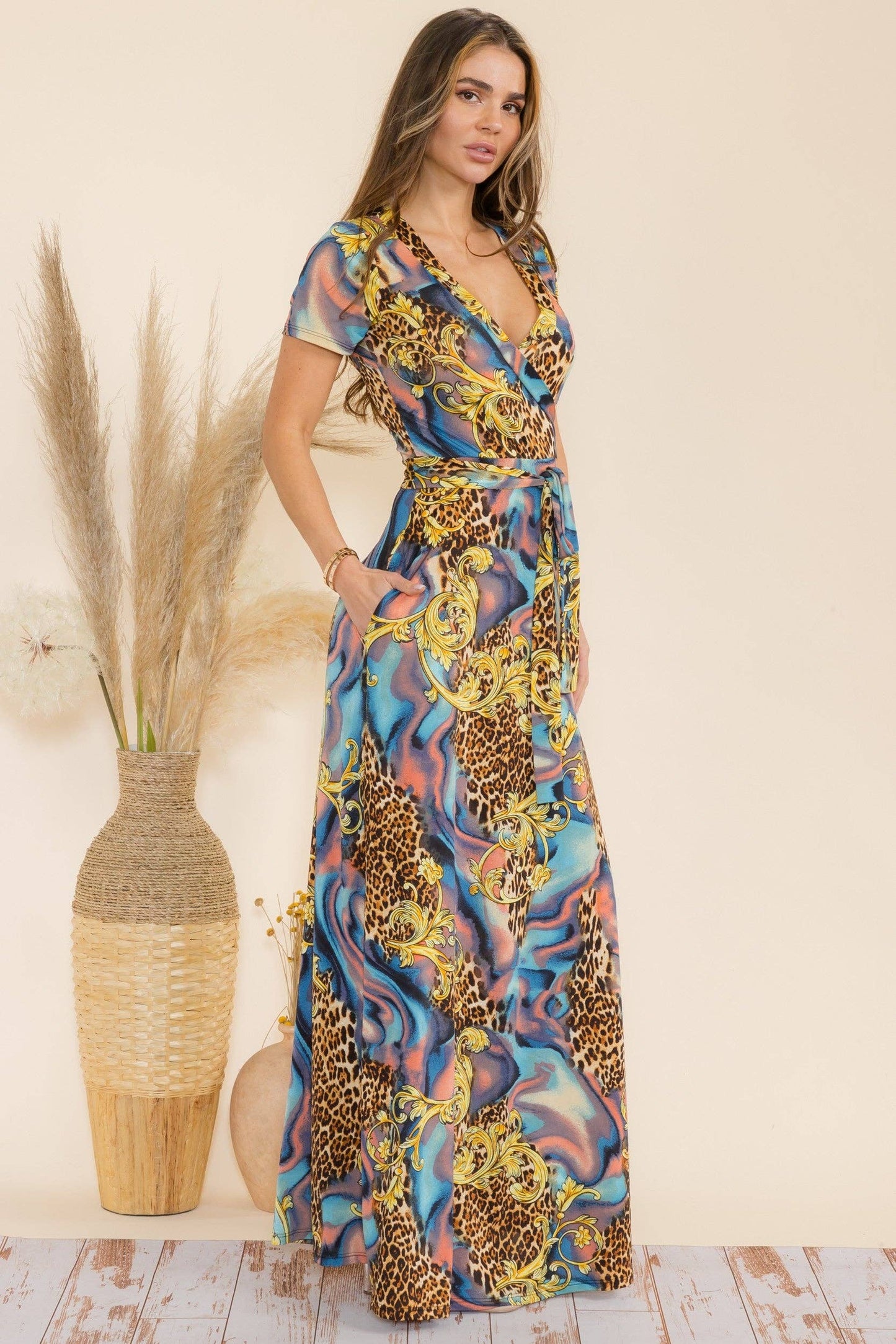 Animal Faux Wrap Maxi Dress
