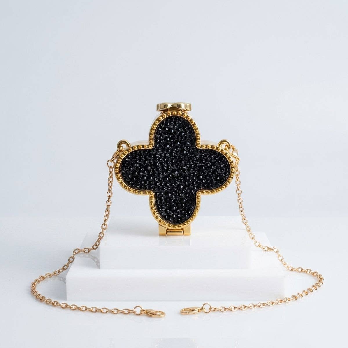 Mini Black Quatrefoil Sparkle Crossbody Compact