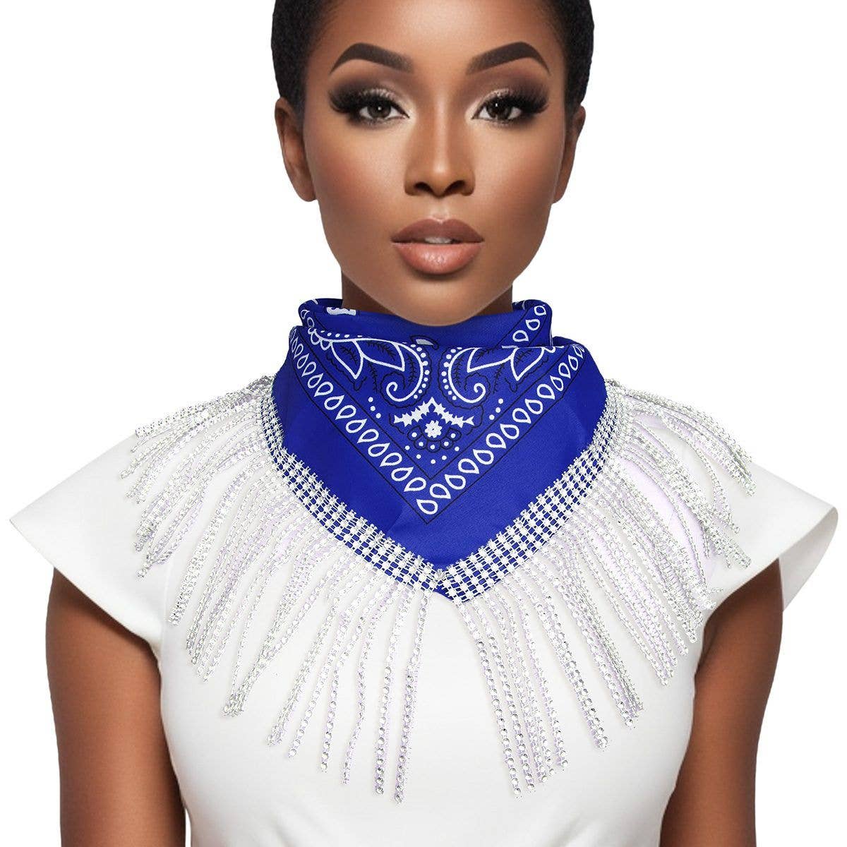 Bling Fringe Necklace - Blue & White