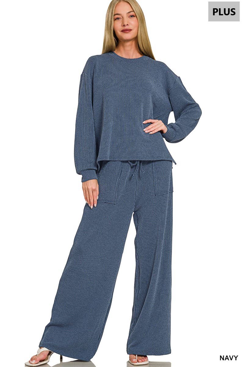 Plus Raised Rib Round Neck Pullover & Pants 2PC Set