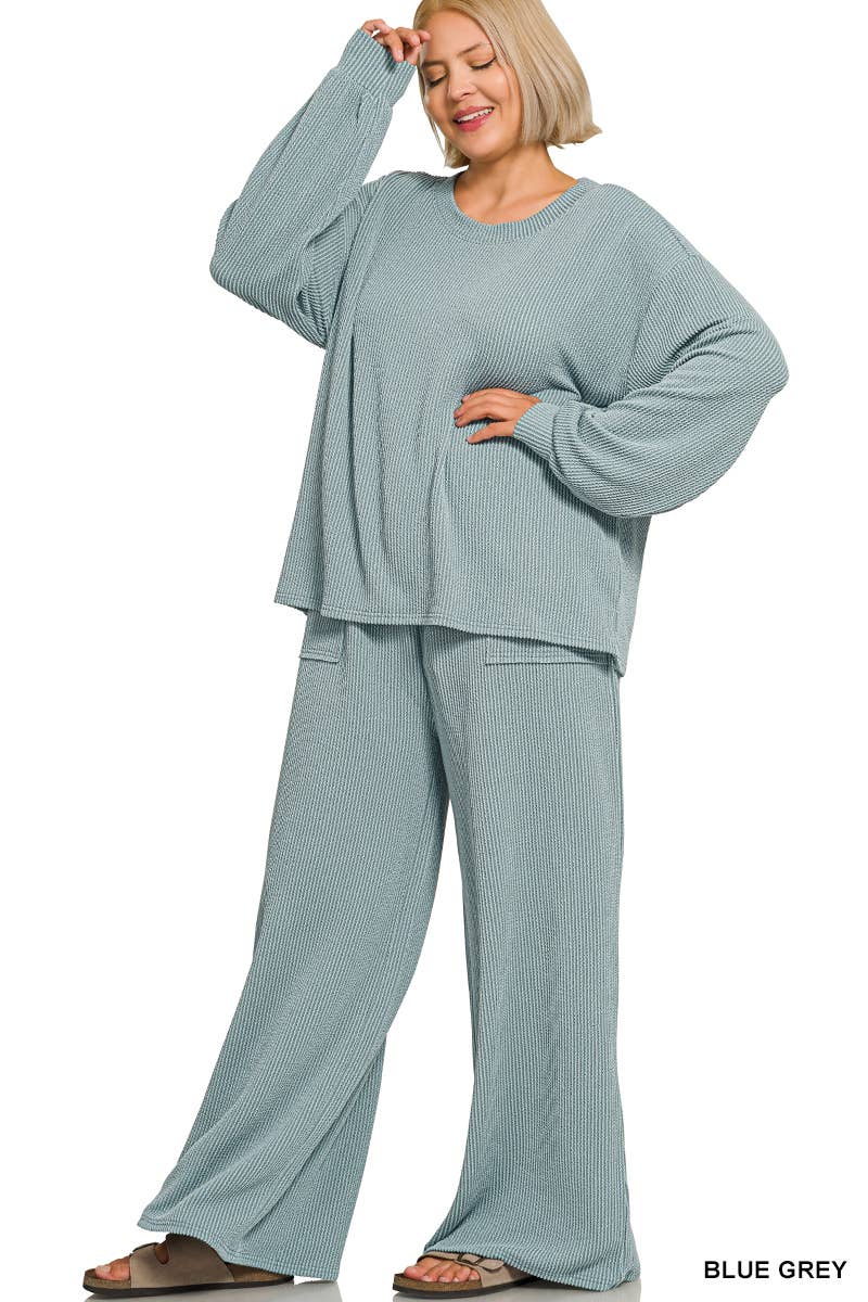 Plus Raised Rib Round Neck Pullover & Pants 2PC Set