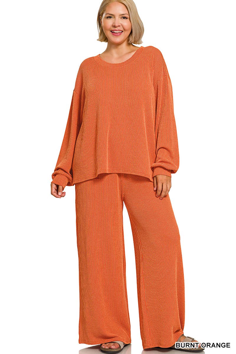 Plus Raised Rib Round Neck Pullover & Pants 2PC Set