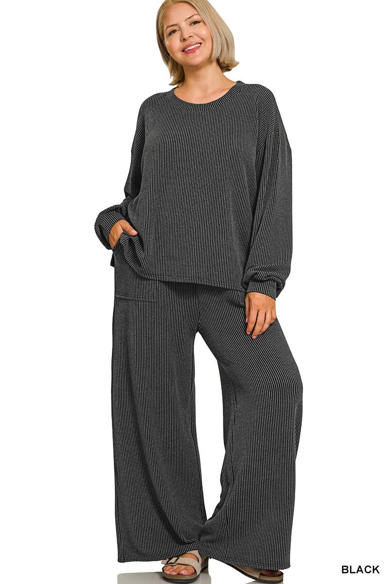 Plus Raised Rib Round Neck Pullover & Pants 2PC Set