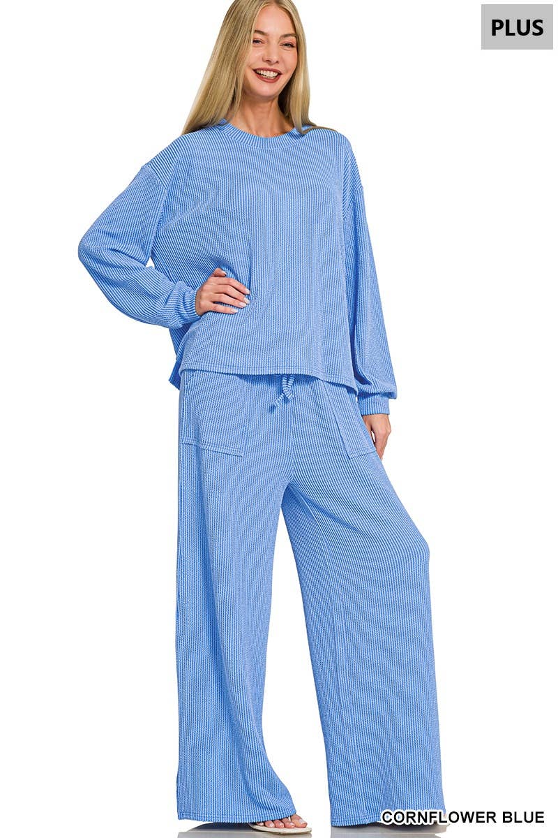 Plus Raised Rib Round Neck Pullover & Pants 2PC Set