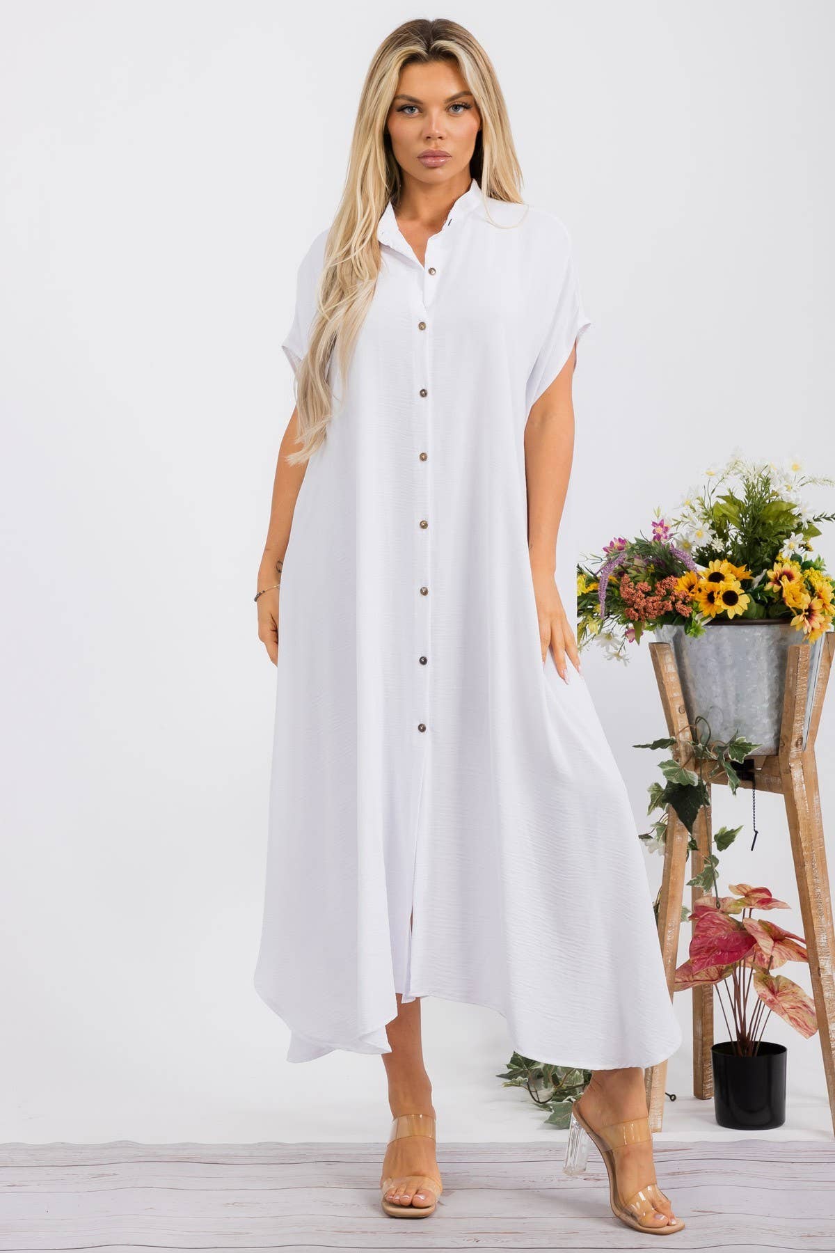 S25653-X Plus Size Relaxed Button Front Oversized Maxi Dress