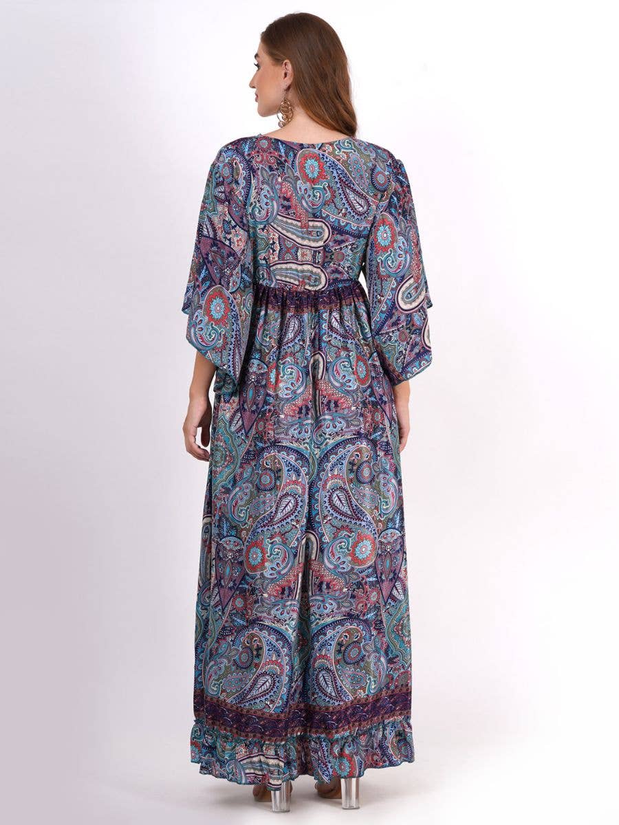 Women's Casual 3/4 Sleeves V-Neck Floral Maxi Tie up Dress