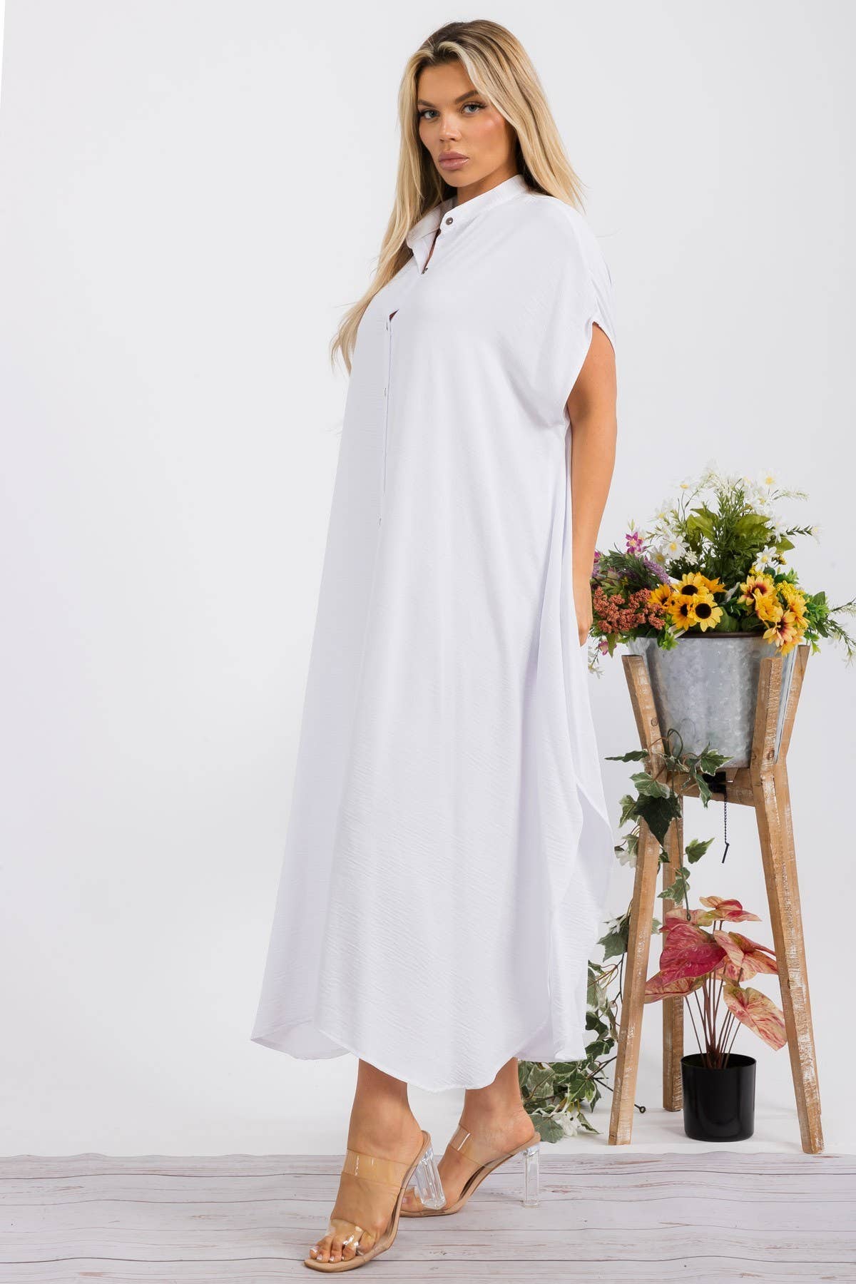 S25653-X Plus Size Relaxed Button Front Oversized Maxi Dress