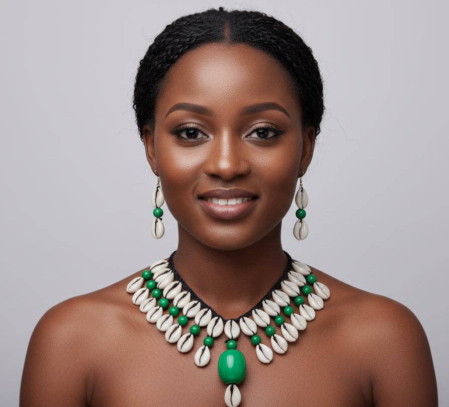 Cowrie Shell Necklace/ Earring Set- Green