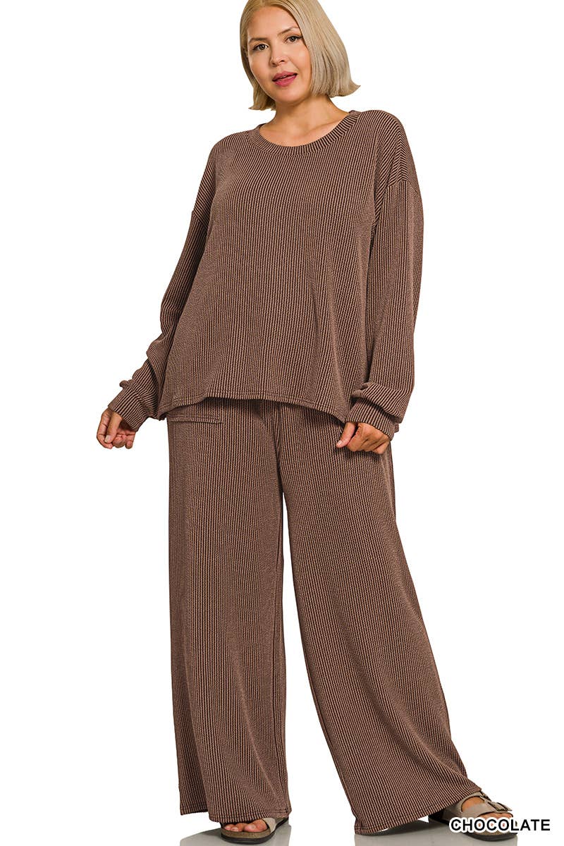 Plus Raised Rib Round Neck Pullover & Pants 2PC Set