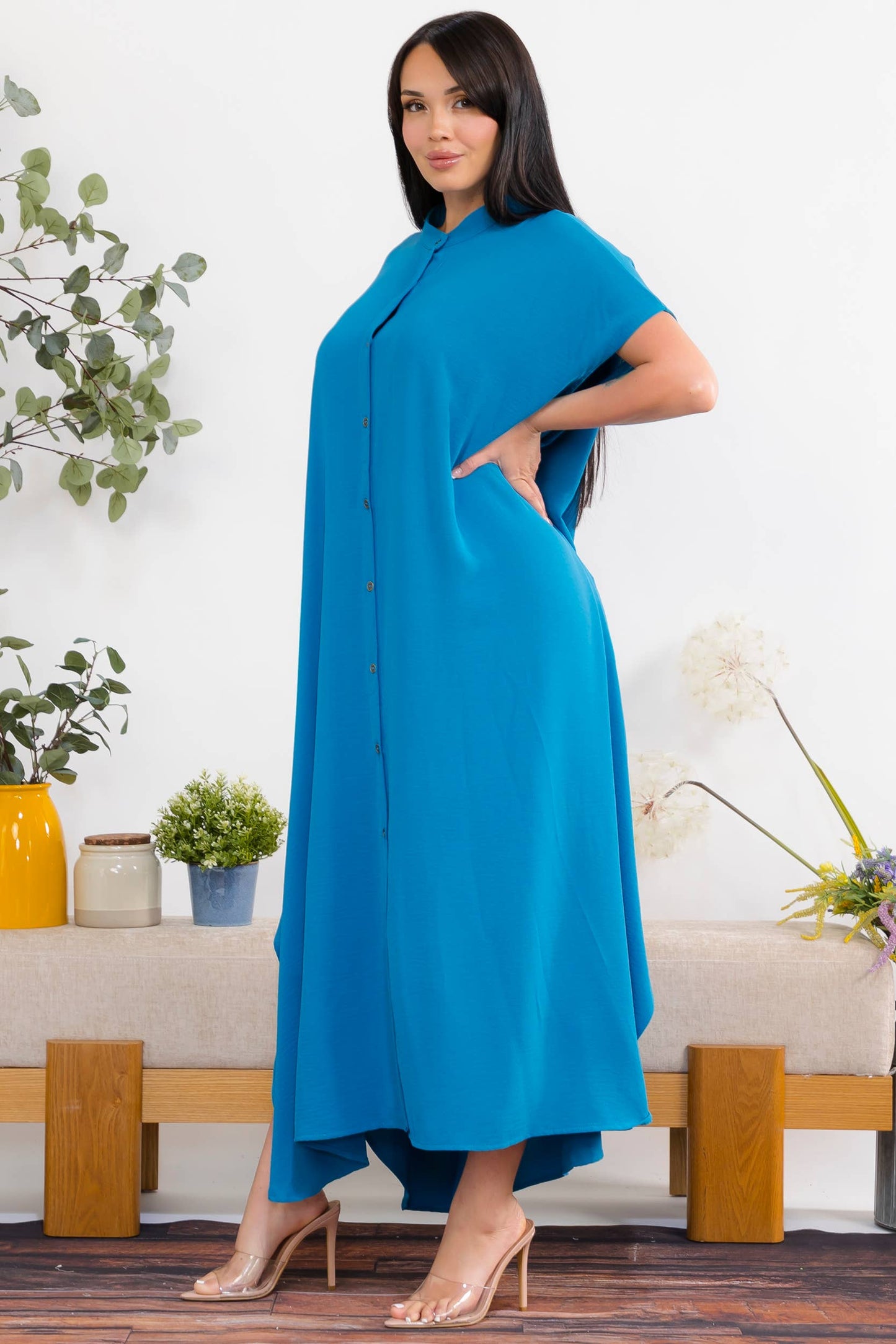 S25653-X Plus Size Relaxed Button Front Oversized Maxi Dress