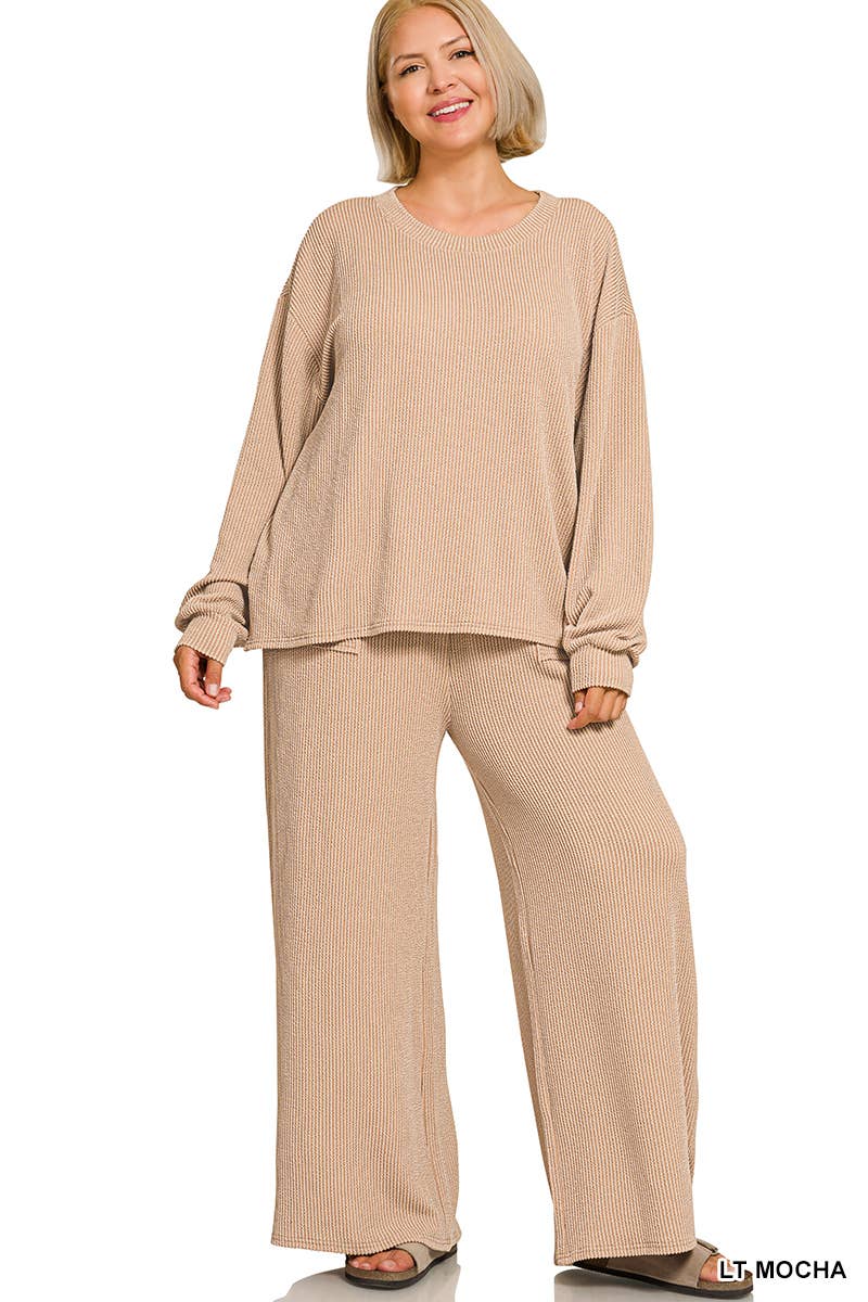 Plus Raised Rib Round Neck Pullover & Pants 2PC Set