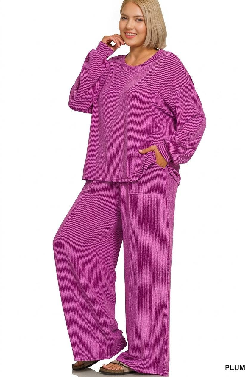 Plus Raised Rib Round Neck Pullover & Pants 2PC Set