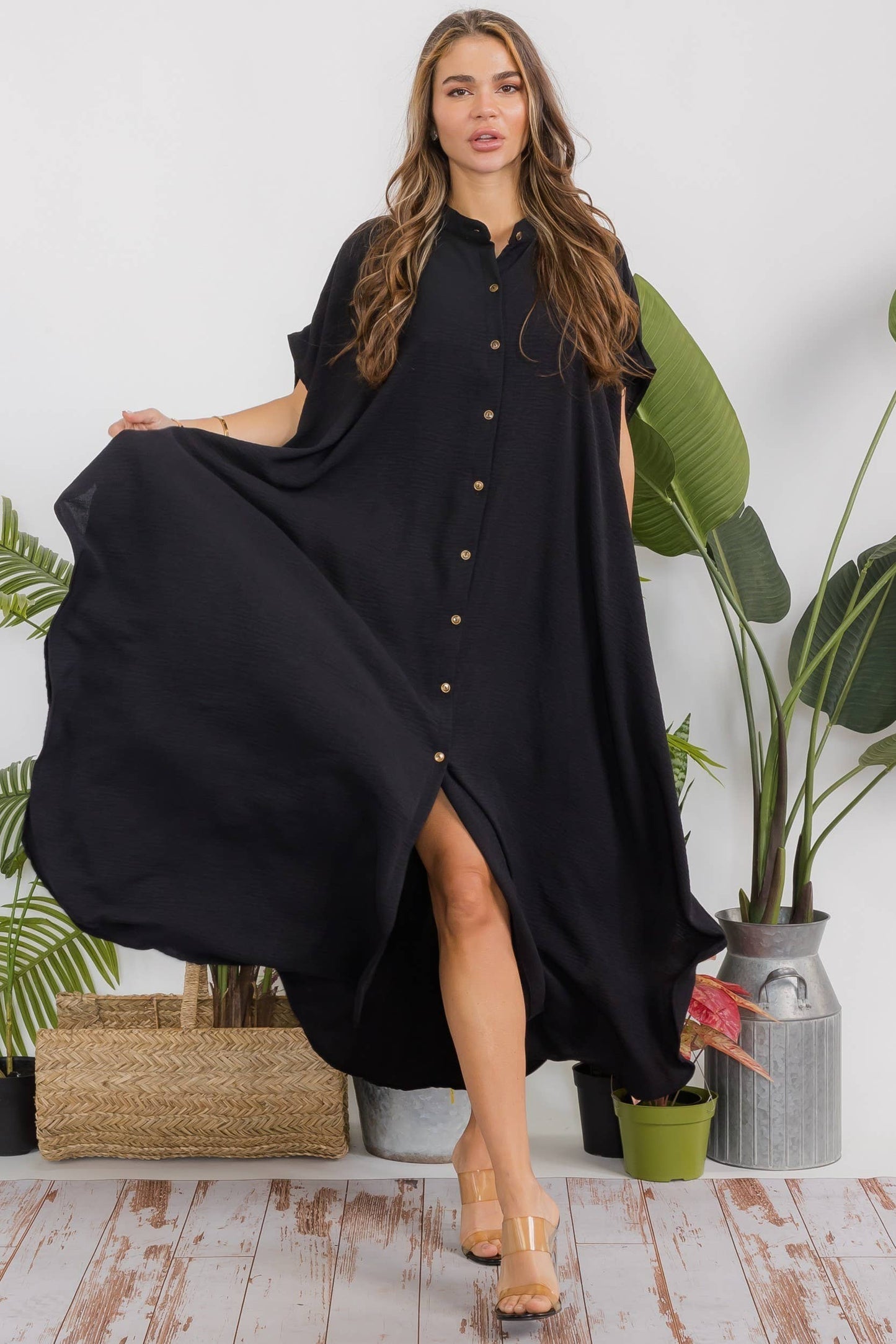S25653-X Plus Size Relaxed Button Front Oversized Maxi Dress