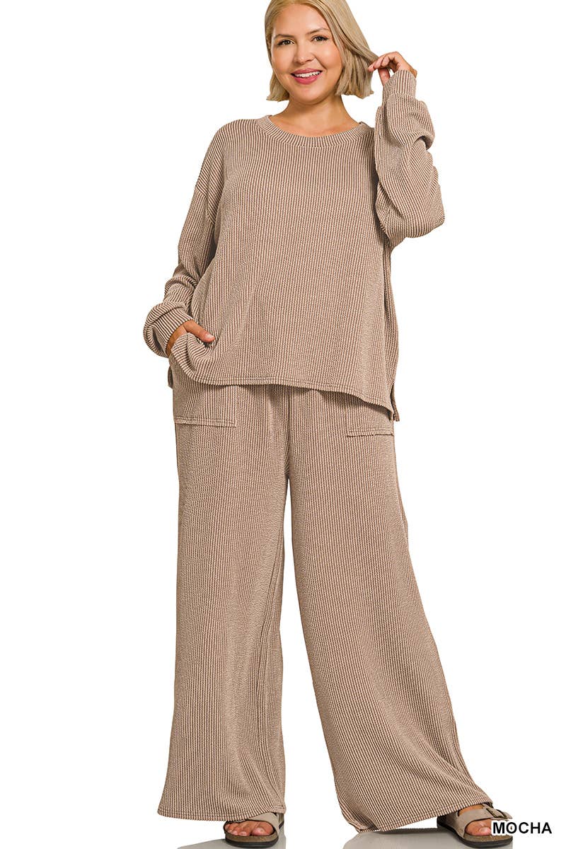 Plus Raised Rib Round Neck Pullover & Pants 2PC Set