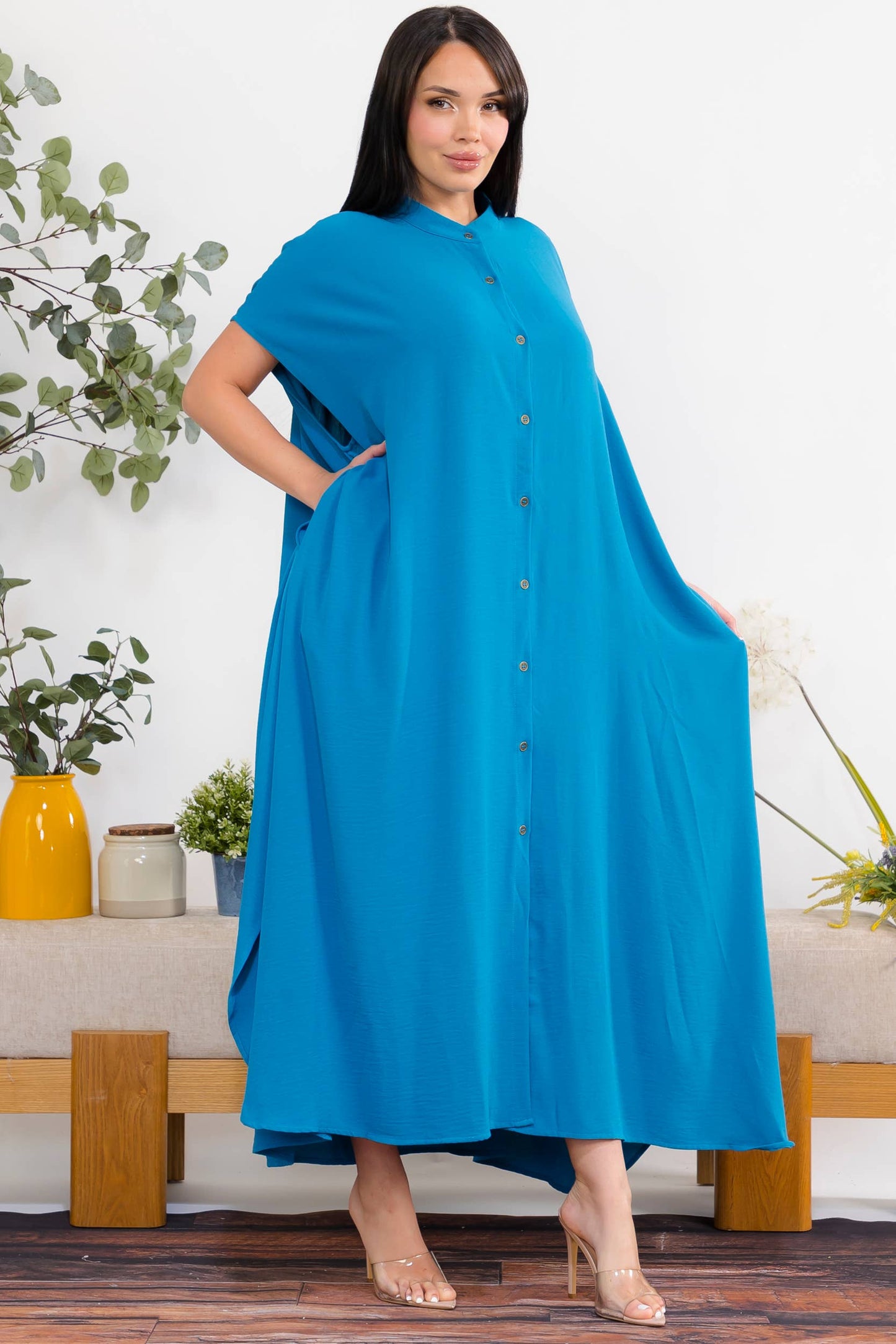S25653-X Plus Size Relaxed Button Front Oversized Maxi Dress