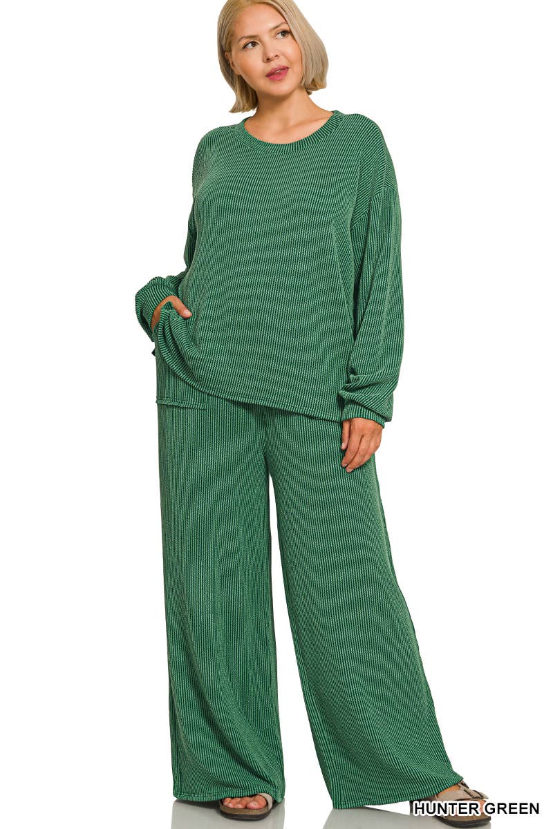 Plus Raised Rib Round Neck Pullover & Pants 2PC Set