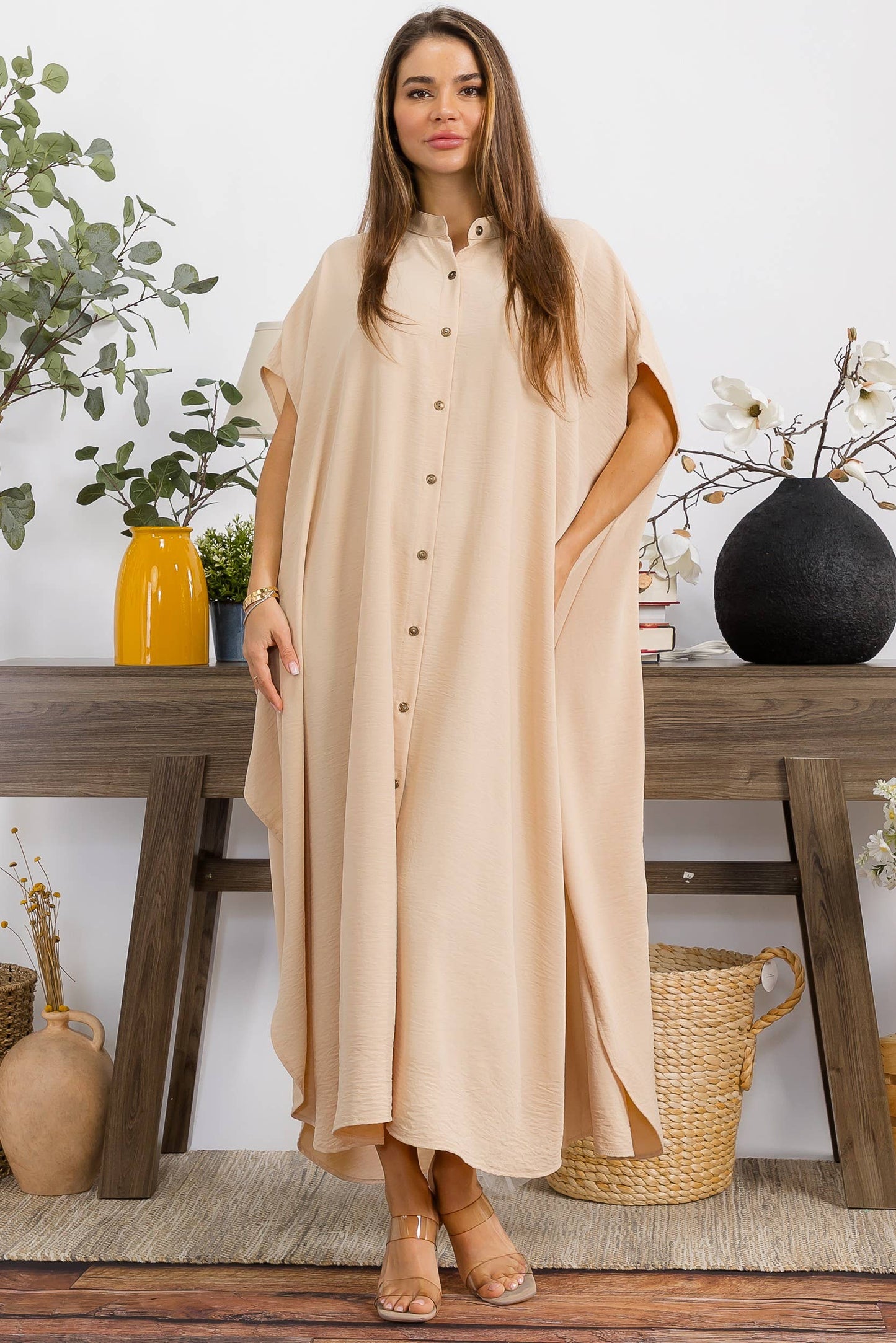 S25653-X Plus Size Relaxed Button Front Oversized Maxi Dress