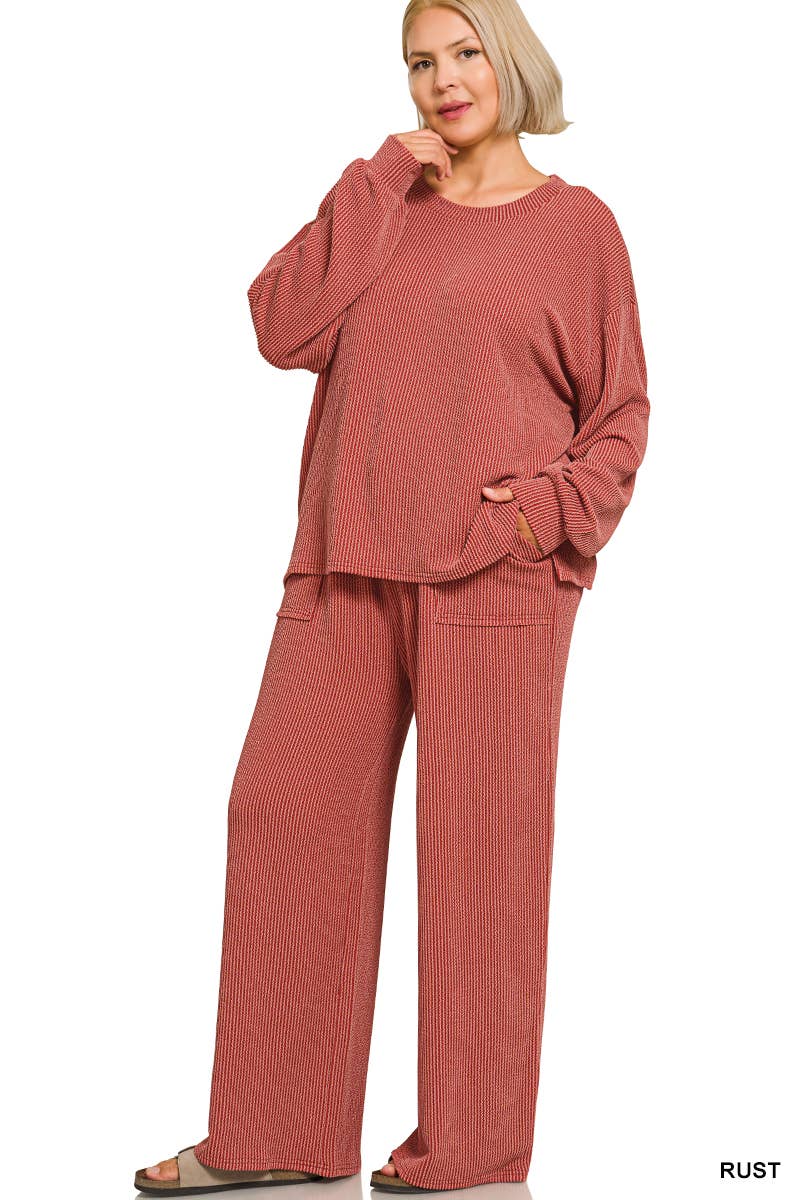 Plus Raised Rib Round Neck Pullover & Pants 2PC Set