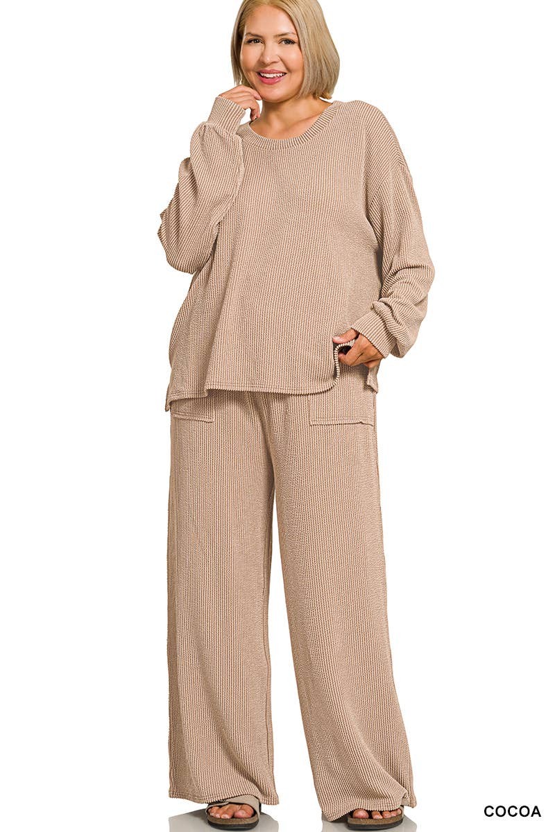 Plus Raised Rib Round Neck Pullover & Pants 2PC Set