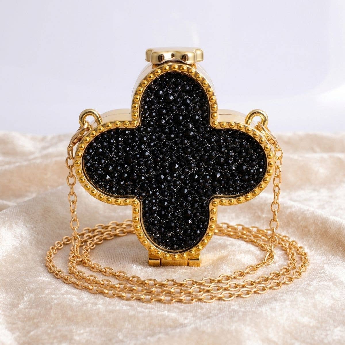 Mini Black Quatrefoil Sparkle Crossbody Compact
