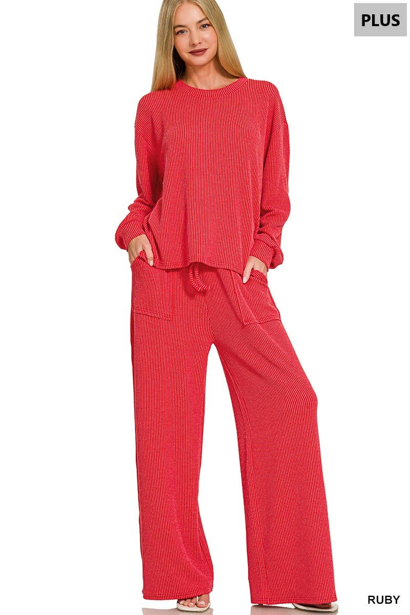 Plus Raised Rib Round Neck Pullover & Pants 2PC Set