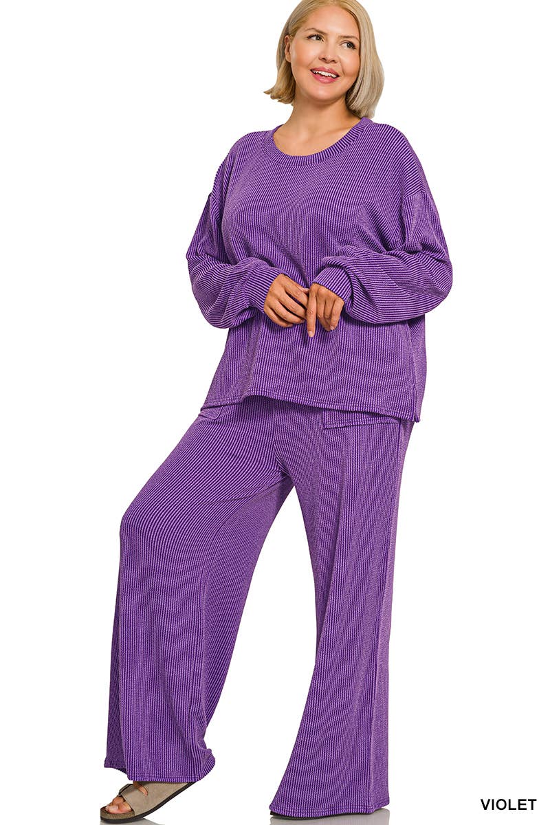 Plus Raised Rib Round Neck Pullover & Pants 2PC Set