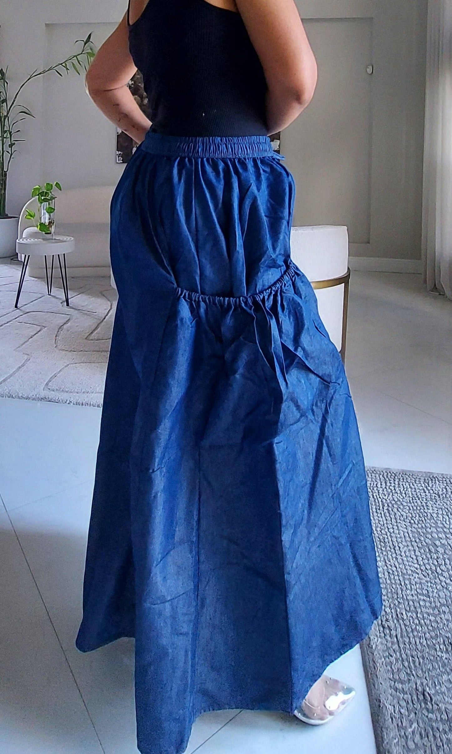 Denim Big Pocket Palazzo Pants