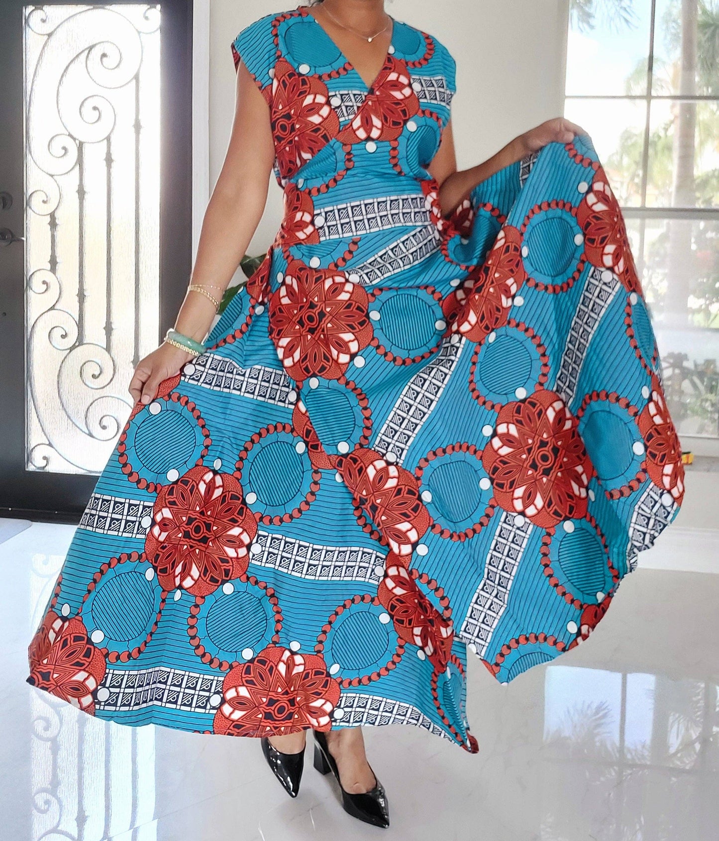 Color me Turqouise  Women Long Printed  Sleeveless Wrap Dress