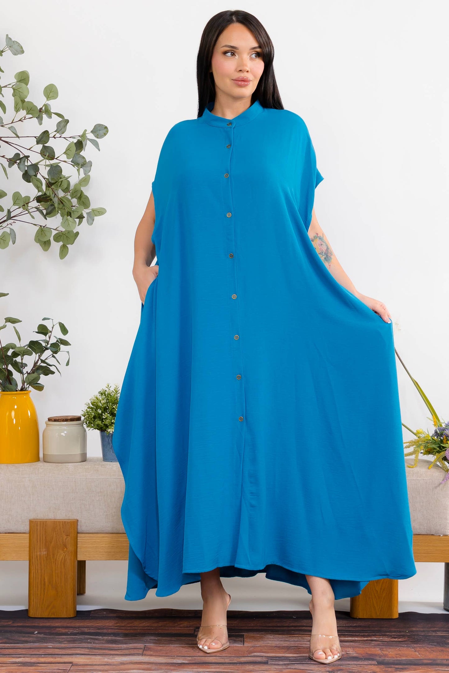 S25653-X Plus Size Relaxed Button Front Oversized Maxi Dress
